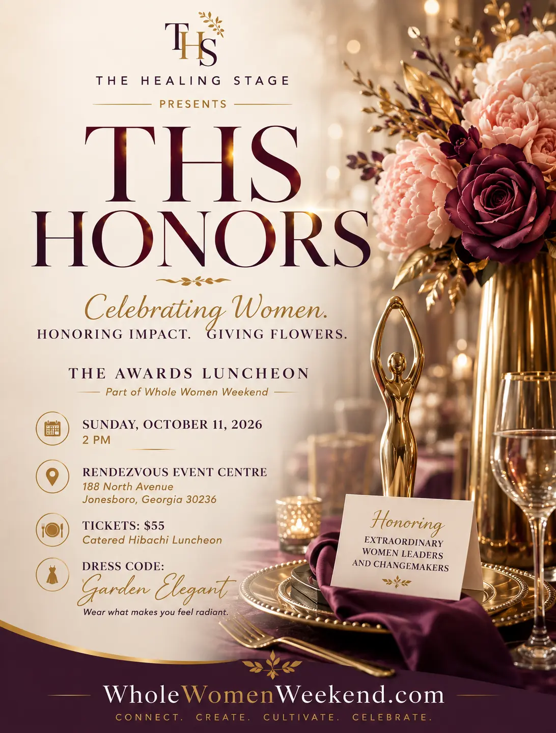 THS Honors: The Awards Luncheon campaign artwork with event details, gold statuette and floral tablescape.