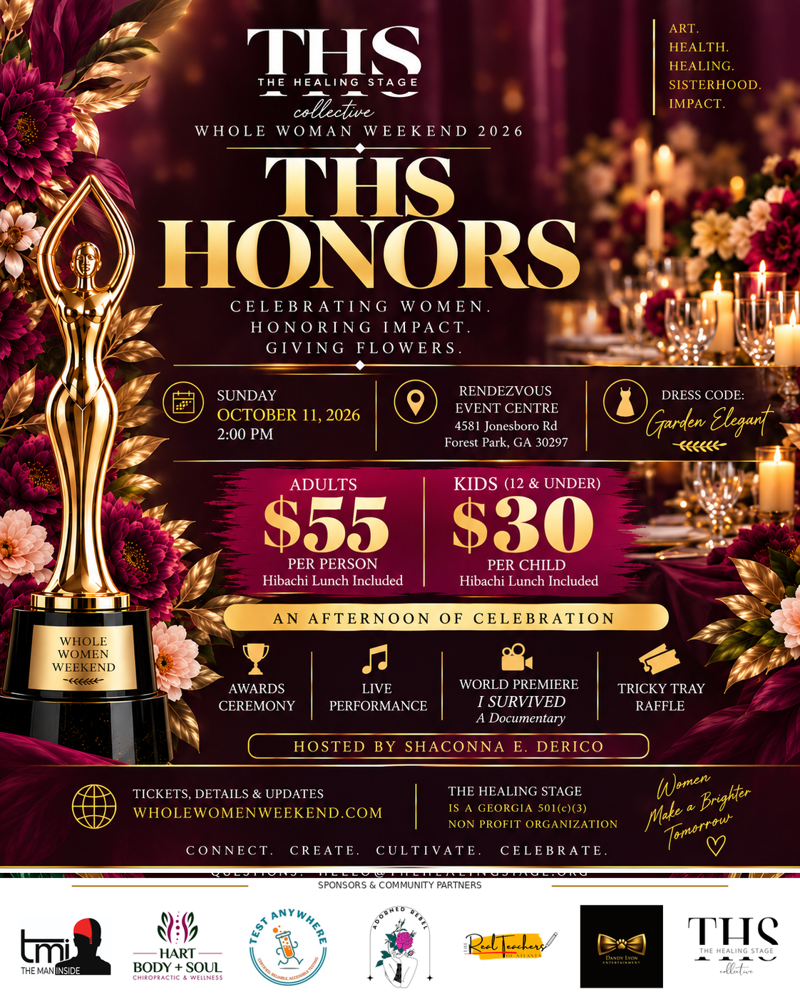 THS Honors official event poster: Sunday, October 11, 2026 at 2 PM, Rendezvous Event Centre, Forest Park, Georgia. Adults $55, kids 12 and under $30.