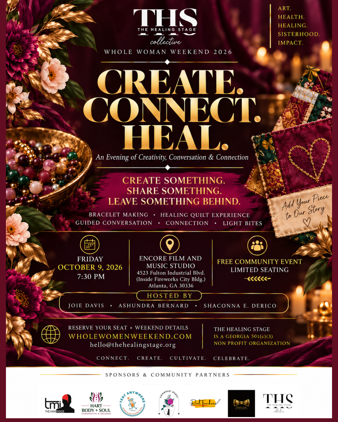 Create. Connect. Heal. official campaign artwork: Friday, October 9, 2026 at 7:30 PM, free, limited seating.