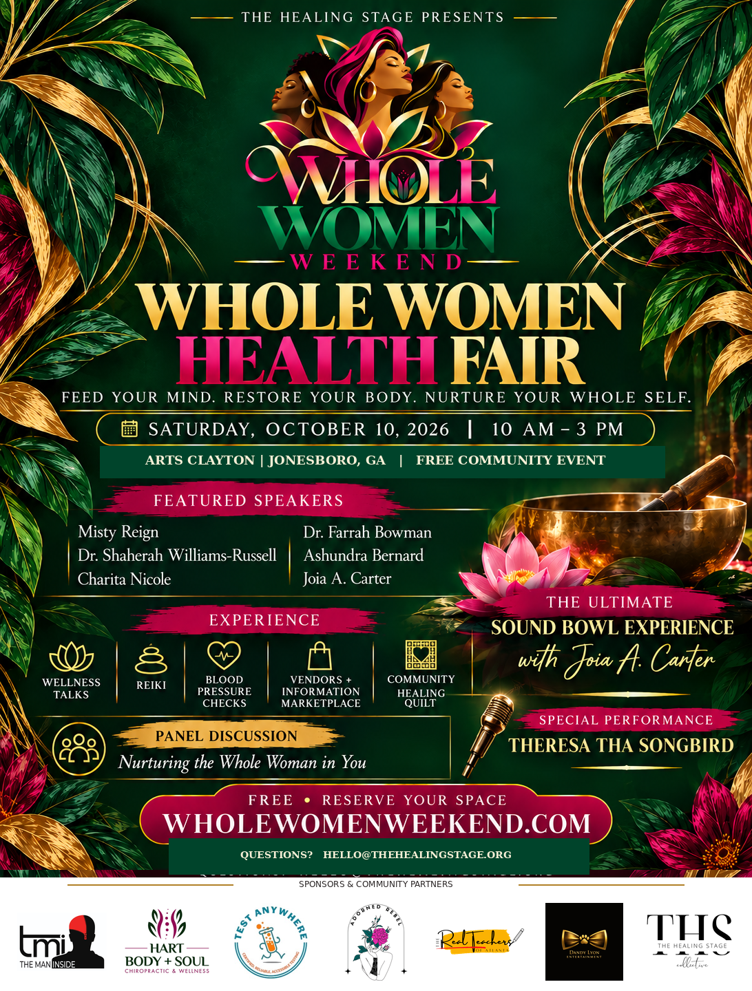 Whole Woman Health & Wellness Fair official poster: Saturday, October 10, 2026, 10 AM to 3 PM, free, Arts Clayton, Jonesboro, Georgia.